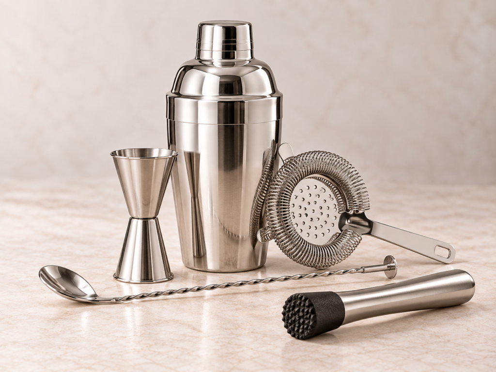 Cocktailbar-Set mit Shaker, Gläsern, Eis und Barzubehör auf Marmor
