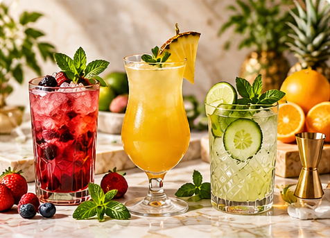 Alkoholfreie Cocktails mit Früchten und Kräutern