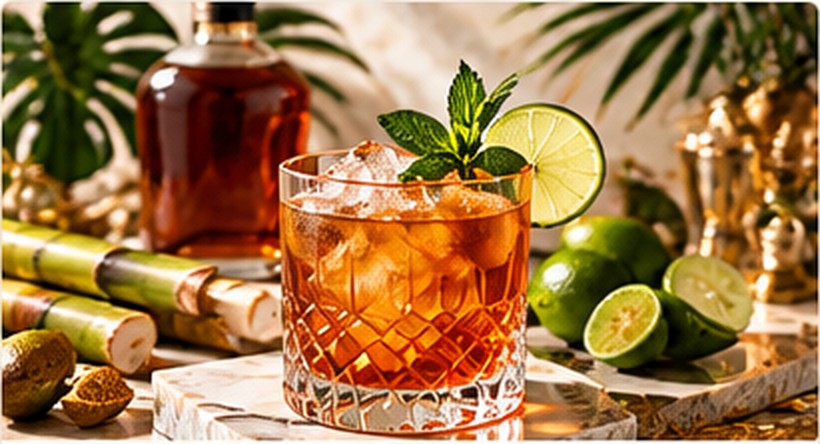 Rum-Cocktail mit Zuckerrohr und Limetten
