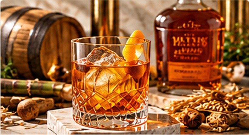 Whiskey im Tumbler vor einem Eichenfass