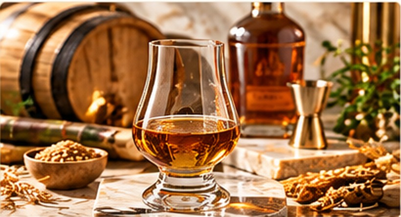 Schottischer Whisky vor einem Eichenfass