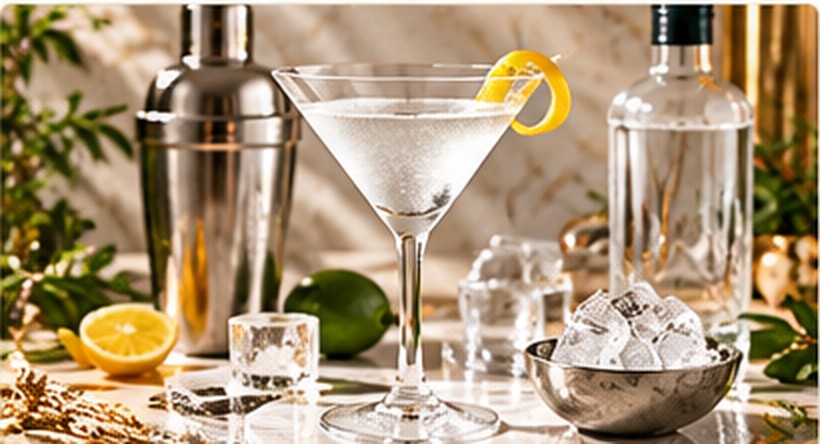 Klarer Wodka-Cocktail mit Eis und Zitronenzeste