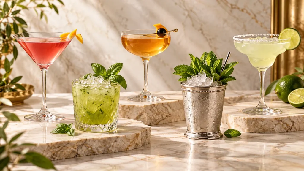 Cocktail-Weltreise – fünf Cocktails auf hellem Marmor